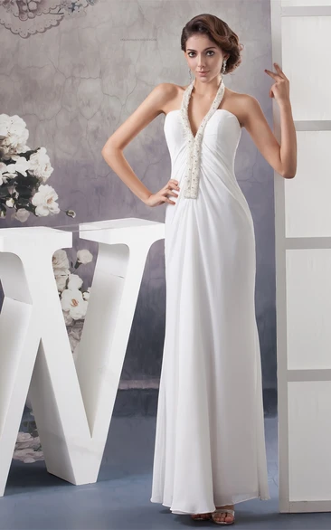 Notched Ankle-Length Chiffon Dress with Beading and Halter