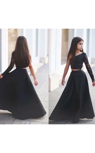 Sexy Black Two Piece Lace Flower Girl Dress Black One Sleeve A-line