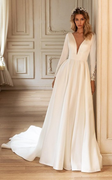 Beautiful A Line Satin Bridal Gown with Ruching and Train