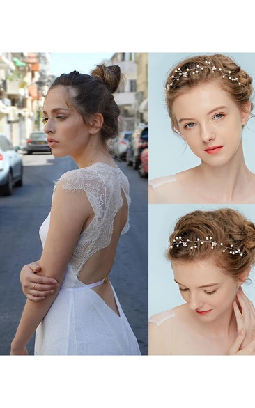 Jewel-Neck Sleeveless Lace Floor-Length Dress With Keyhole Back and Bridal Headdress Pearl Gold Hair Band