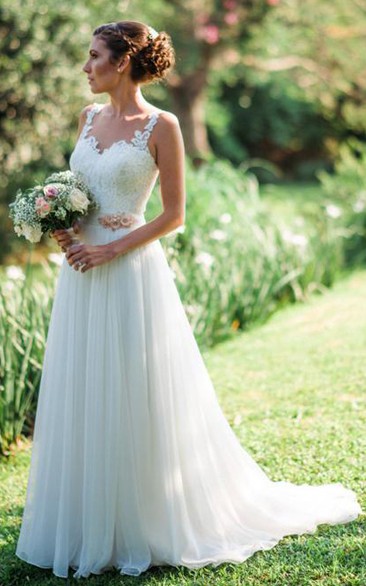 A Line Straps Chiffon Lace Floor-length Brush Train Sleeveless Wedding Dress