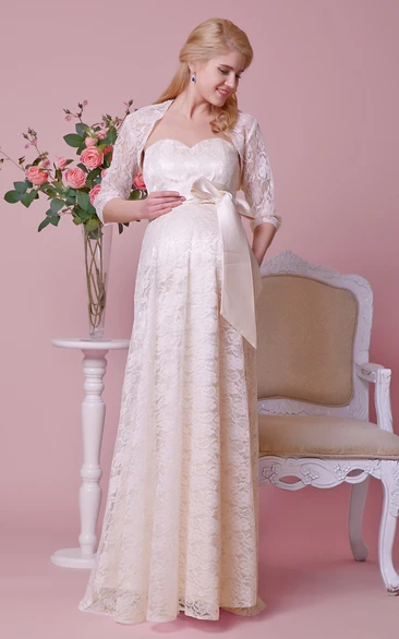 Sweetheart Allover Lace Maternity Wedding Dress With Satin Bow and Removable Jacket