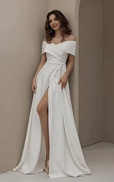 A-Line Satin Off-the-shoulder Wedding Dress Simple Elegant Romantic Garden With Open Back And Short Sleeves And Split Front