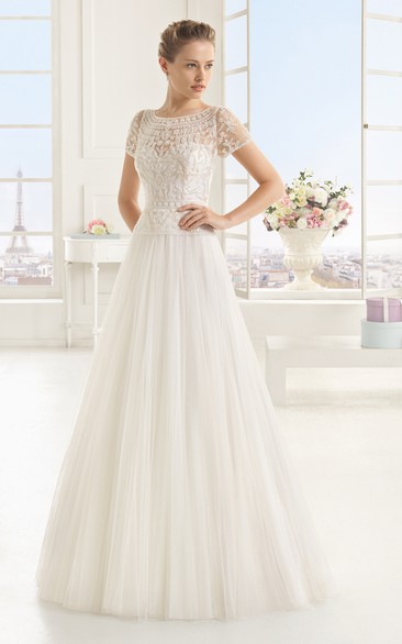 Graceful A-line Dress With Lace Appliqued Illusion Back and Neck