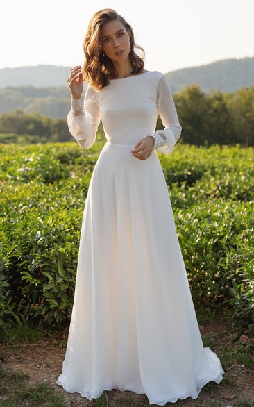 Elegant Casual Country A Line Chiffon Bateau Long Sleeve V-Back Wedding Dress