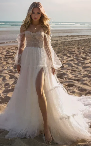 Sweetheart Neck A-Line Off-the-shoulder Fairy Fluttering Tulle Pleats Plus Size Floor-length Long Sleeve Wedding Bride Dress Backless Split