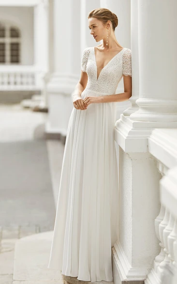 Plunging Neckline A-Line Chiffon Wedding Dress Summer Casual Sexy Romantic With Deep-V Back And Illusion Short Sleevess