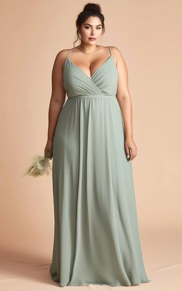 Plus Size A-Line 2023 Chiffon Sleeveless Bridesmaid Dress Simple Casual Sexy Elegant Spaghetti V-neck Floor-length