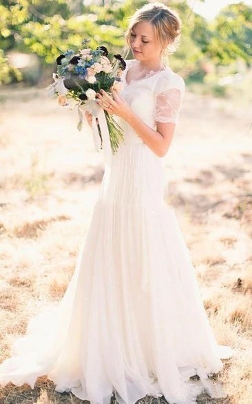 Simple Country A Line V Neck Short Sleeves Lace Wedding Gown