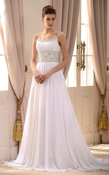 Beaded Spaghetti Strap A Line Long Chiffon Dress With Pleats June Bridals 8671