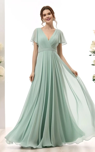 A-Line Chiffon Short Sleeve Bridesmaid Dress 2023 V-neck Floor-length Simple Sexy Bohemian Elegant Low-V Back