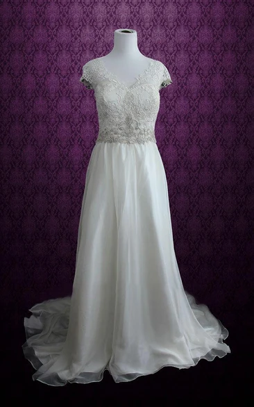 V-Neck Cap Keyhole Back Long Chiffon Wedding Dress With Appliques And Bow