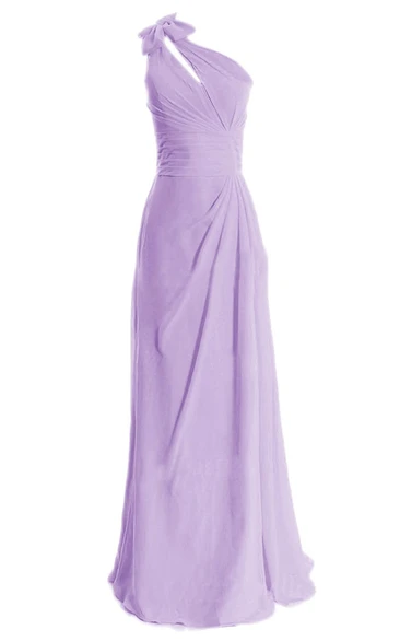 One-shoulder Side-drapping Chiffon A-line Gown With Bow