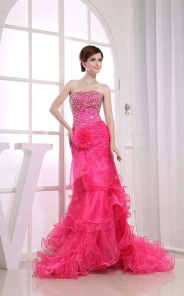 Strapless Ruffled Maxi Dress with Flower and Gemmed Bodice