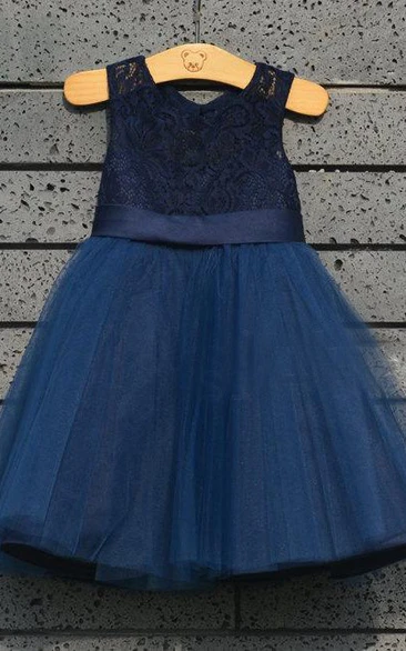 Tulle&Lace Dress With Satin Belt and Pleats