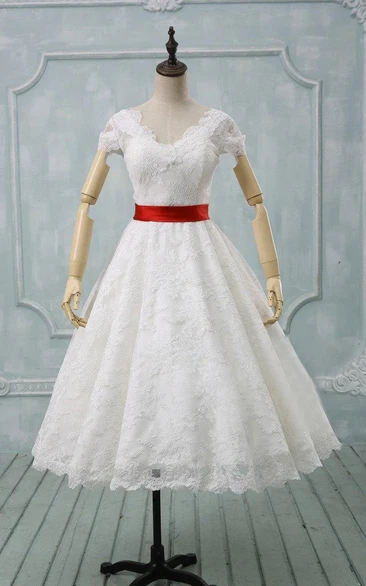 Scalloped Tea-Length Wedding Dress With Sash And Cap Sleeve