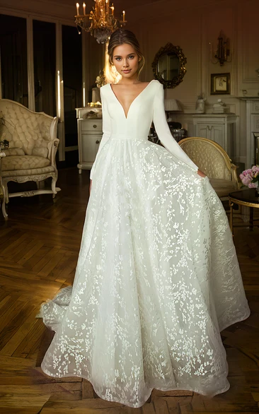 Long Sleeve Floor-length A-Line V-neck Ethereal Lace Wedding Dress with Train Deep-V Back