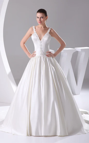 Plunged Pleated Ball Gown with Beading and Corset Back