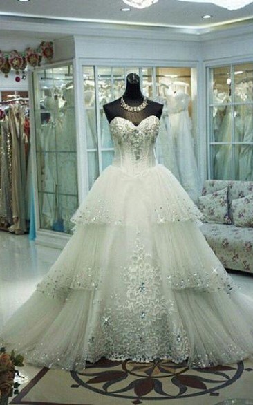 Glamorous Sequined Lace Tulle Wedding Dress Court Train Lace-up - BrideLuLu