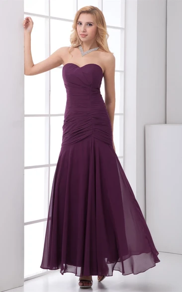 sweetheart pleated ankle-length chiffon dress with ruched bodice