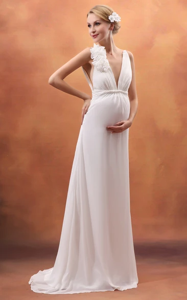 V-Neck Empire Backless Maternity Dress With Flower