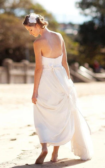 Strapless Backless Long Chiffon Wedding Dress With Sash And Flower