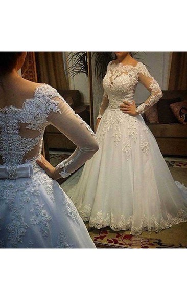 Modest Bateau Neck Long Sleeves Sexy Back Pearls Appliques Wedding Gown