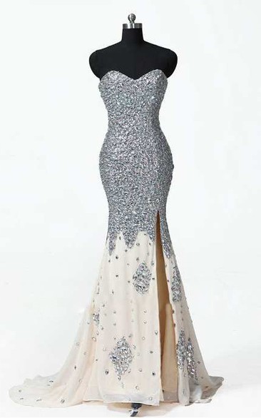 Beaded Bodice Mermaid Chiffon Gown With Split Front