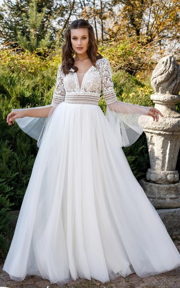 Bohemian A Line Plunging Neck Tulle Sweep Train Wedding Dress with Appliques