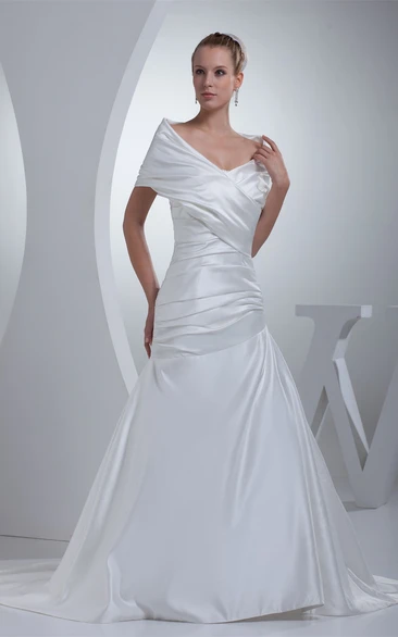 V-Neck Ruched Satin A-Line Gown with Wrap Design and Court Train