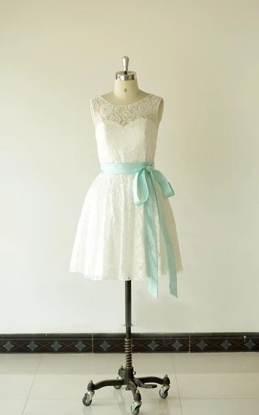 Lace Scoop Sleeveless Short Dress With Bow