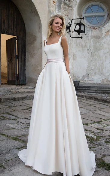 Simple Satin A-line Square Neckline Floor Length Bridal Gown