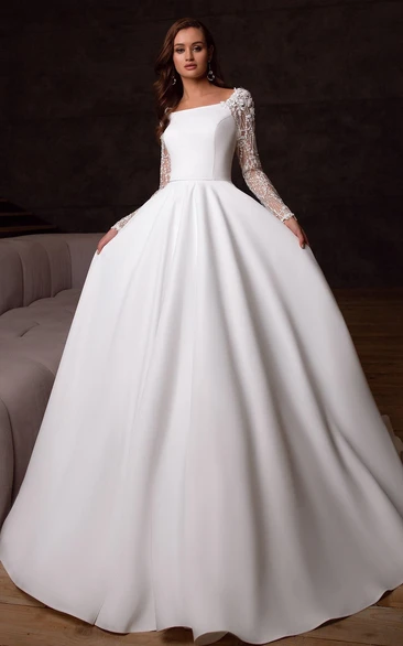 Modern A Line Square Neck Satin Corset Back Wedding Dress with Beading