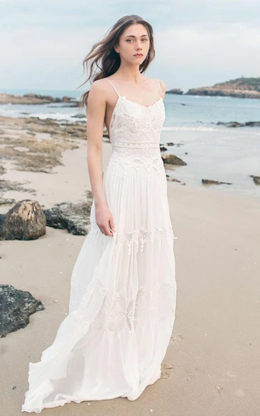 Spaghetti Sleeveless Chiffon Beach Boho Wedding Dress
