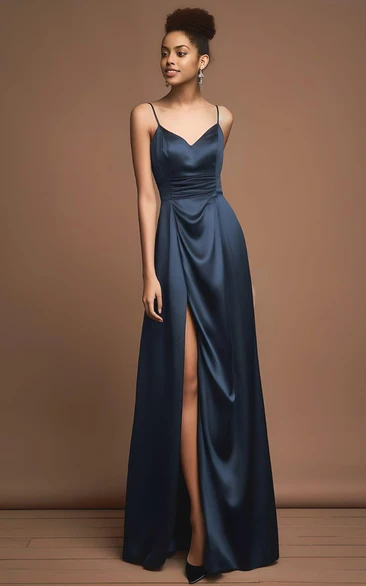 Sexy Mermaid Spaghetti V-neck Satin Sleeveless Evening Dress with Split Front Simple Casual Ethereal Modern Floor-length