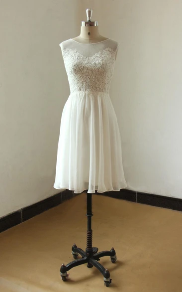 Ivory Sleevless Knee Length Lace Chiffon Wedding Dress With Illusion Neclikine