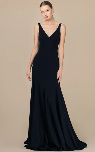 Casual A Line Sleeveless Satin V-neck Deep-V Back Floor-length Prom Dress