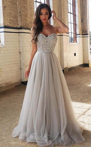 Sweetheart Beaded A line Tulle Evening Prom Dress