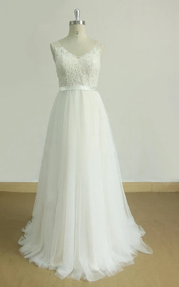 A-Line Chiffon Lace Weddig Dress With Beading