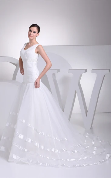 V-Neck Sleeveless A-Line Dress with Beading and Tulle Overlay