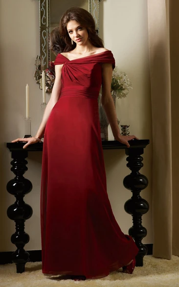 Ruched Off-The-Shoulder Bridesmaid Dress with Low V-Back Long