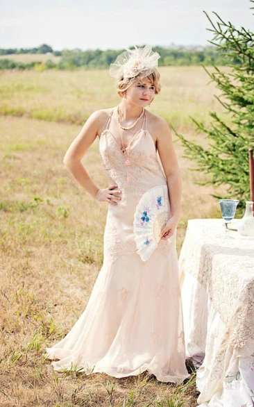 Beaded Flapper Spaghetti Strap Chiffon Wedding Dress With Backless
