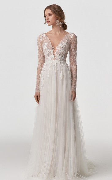 Modest Ethereal Long Sleeves Boho Lace Wedding Dress Minimalist Simple A-Line V-Neck Tulle Bridal Gown with Open Back