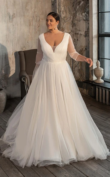 Casual V-neck A Line Tulle Court Train Wedding Dress with Ruching
