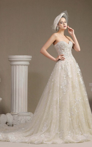 Lace Ballgown Princess Floral Appliqued Sweetheart Sleeveless Wedding Dress With Boning