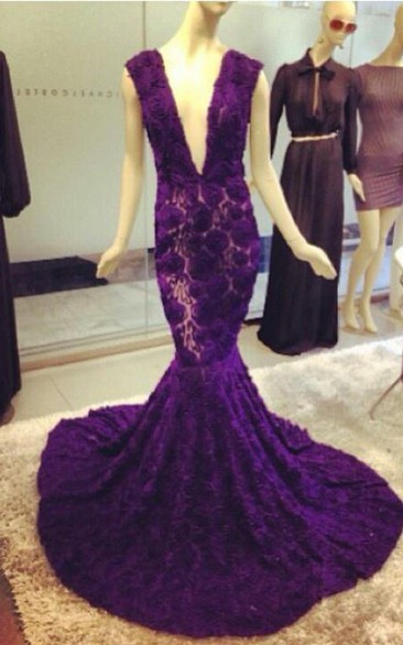 Modern Deep V-Neck Purple Prom Dresses Mermaid Lace Flowers