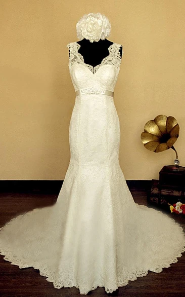 Scalloped Empire Button Back Mermaid Lace Wedding Dress With Sash And Flower