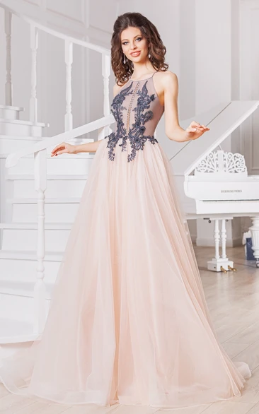 High-end A-Line Bateau Neck Tulle Evening Dress with Appliques