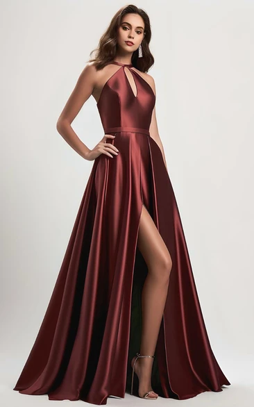 Modern A Line Halter Satin Sleeveless Evening Dress with Split Front and Train Sexy Elegant Ethereal Floor-length