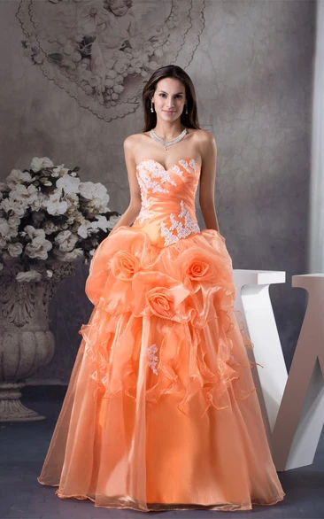 Sweetheart Ruffled Ball Gown with Flower and Appliques